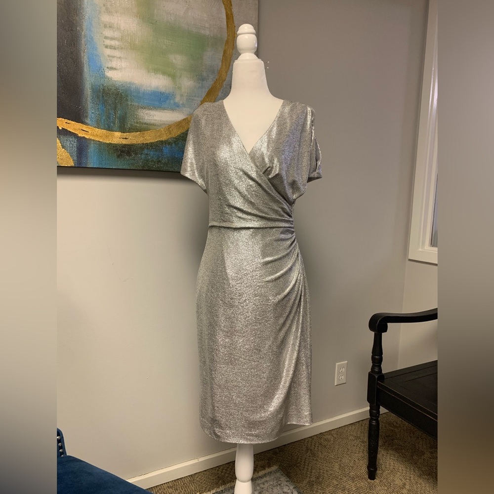 Ralph Lauren Silver Metallic Wrap-Style Midi Dress